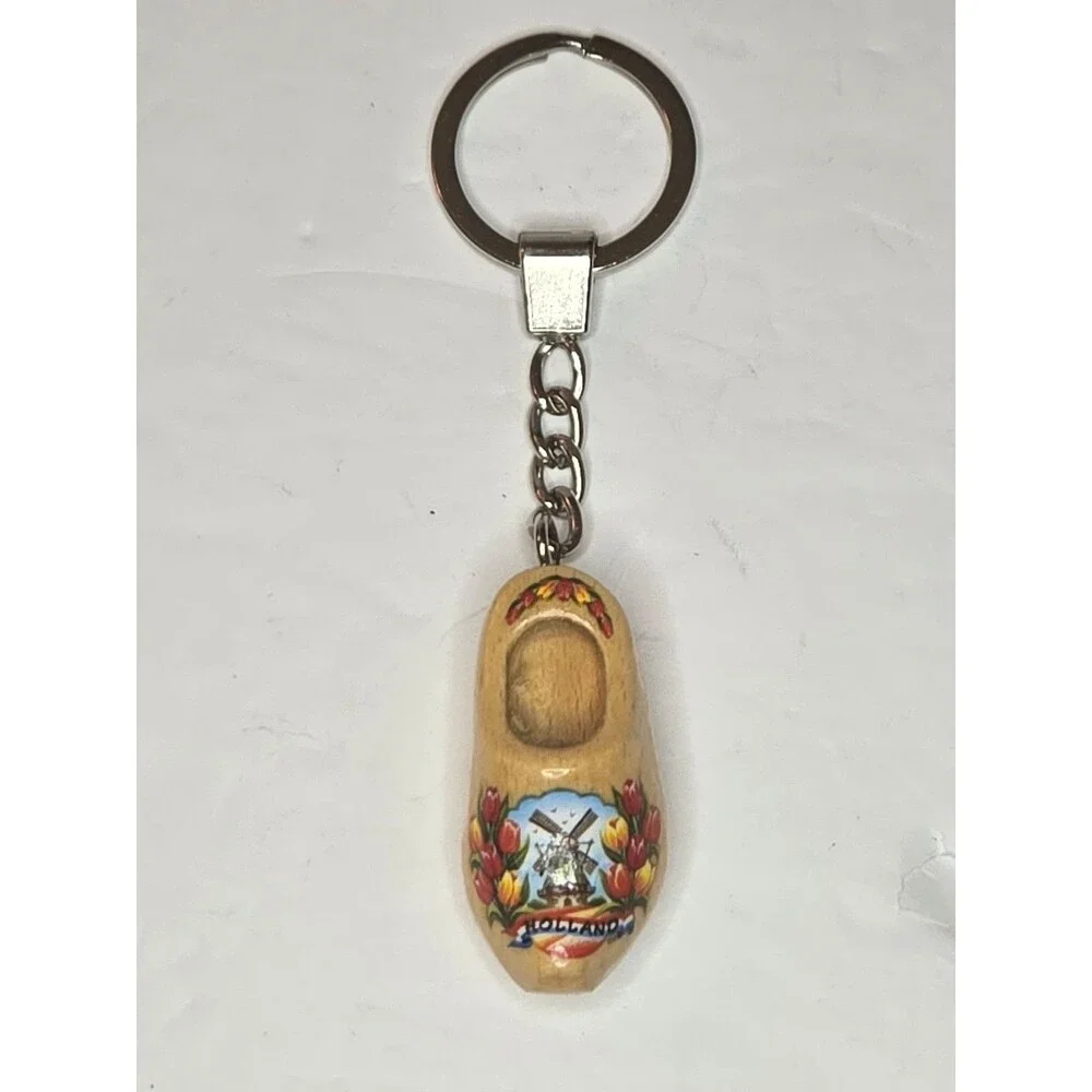 Varnished Tulip Wooden Shoe Keychain Windmill Holland